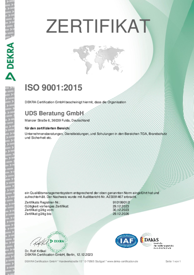 ISO 9001 Zertifikat für die UDS Beratung, Bestätigung des Qualitätsmanagementsystems