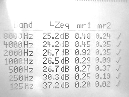 Dieses Bild zeigt eine Messwertanzeige mit Frequenzen in Hertz (Hz) und zugehörigen Dezibelwerten (dB) sowie weiteren Messparametern – typisch für akustische Prüfungen oder Schallmessungen im Zusammenhang mit Sprachalarmanlagen und Akustik im Brandschutz.