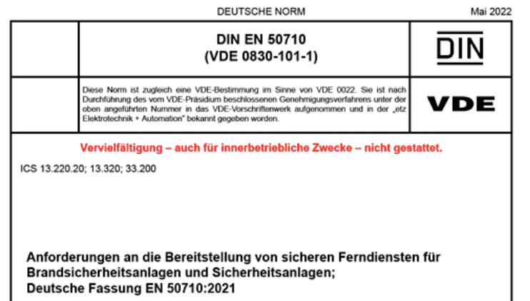Dieses Bild zeigt ein Normendokument mit den Logos von DIN und VDE. Es handelt sich um eine DIN-VDE-Norm im Bereich Sicherheitstechnik, DIN EN 50710.