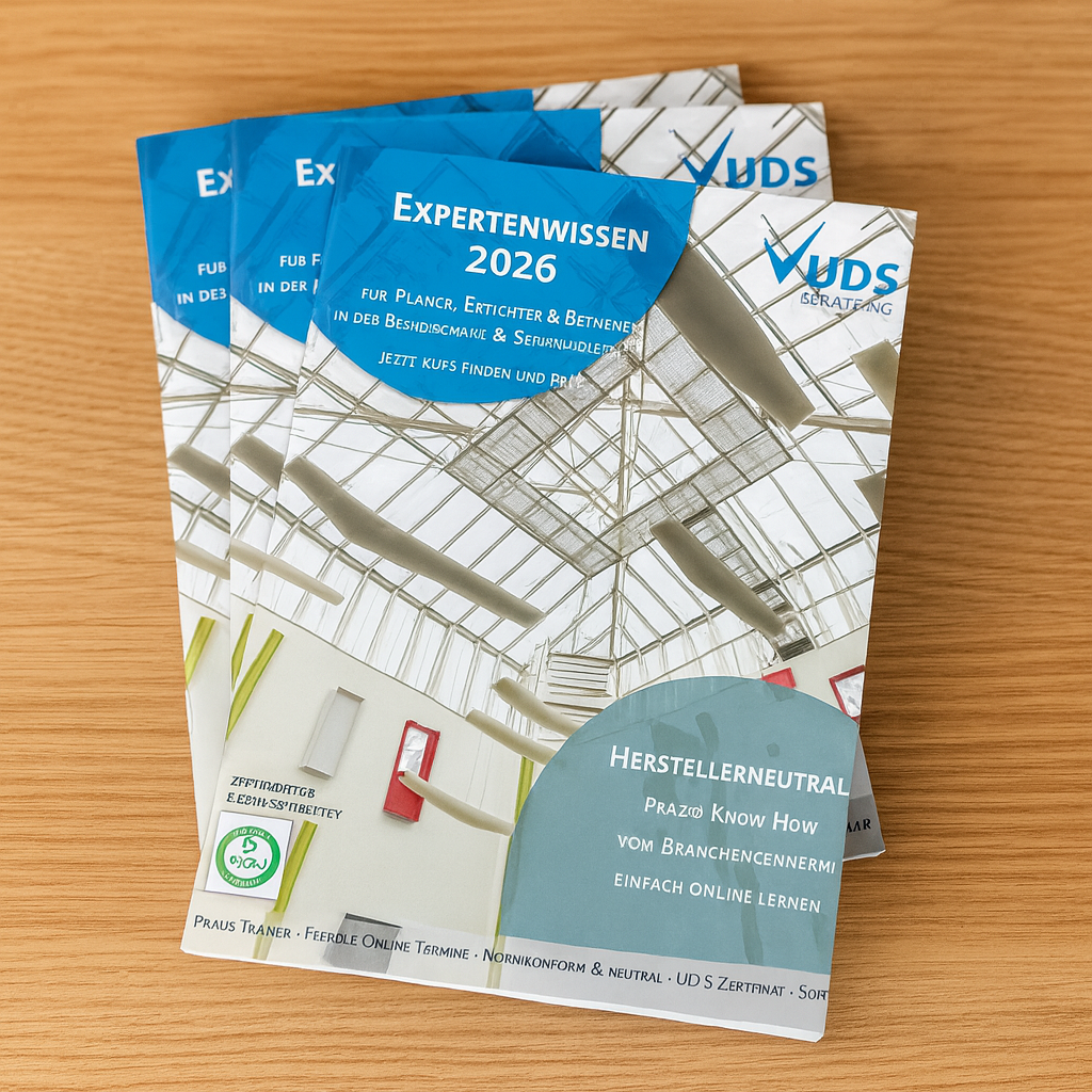 Auf einem Tisch liegen 3 Schulungsbroschüren für 2026 der UDS Beratung auf einem leicht versetzten Stapel.