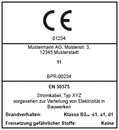 Musteretikett CE-Kennzeichnung und Leistungsklassenangabe bei Kabeln