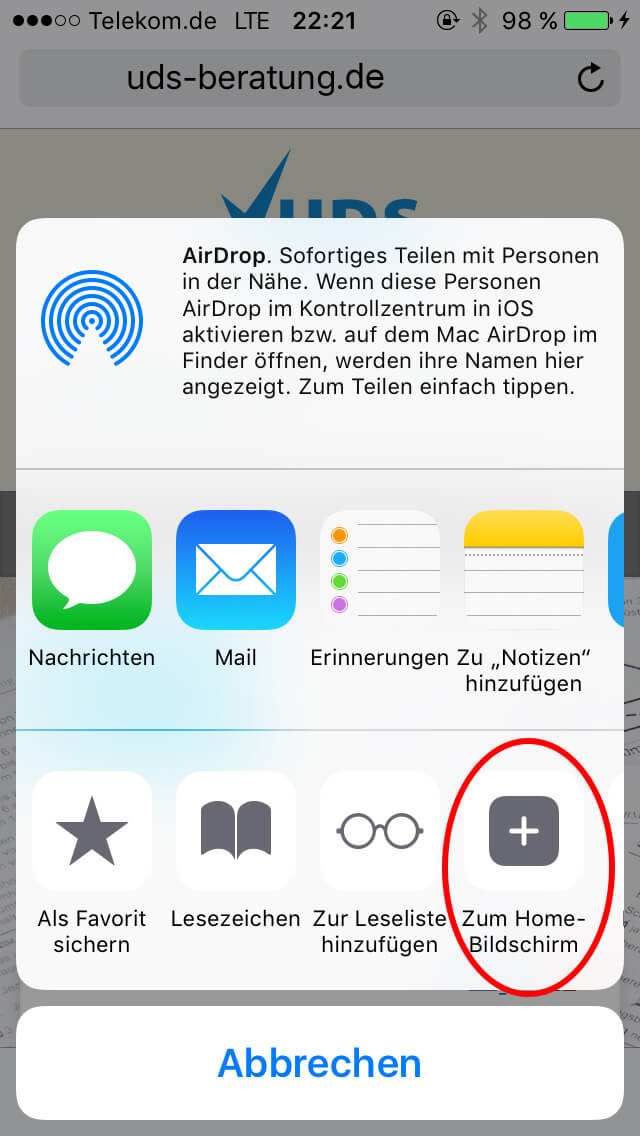Menü zum Teilen der Seite öffnen
