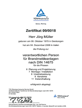 TÜV-Rheinland Verantwortliche Person für Brandmeldeanlagen
